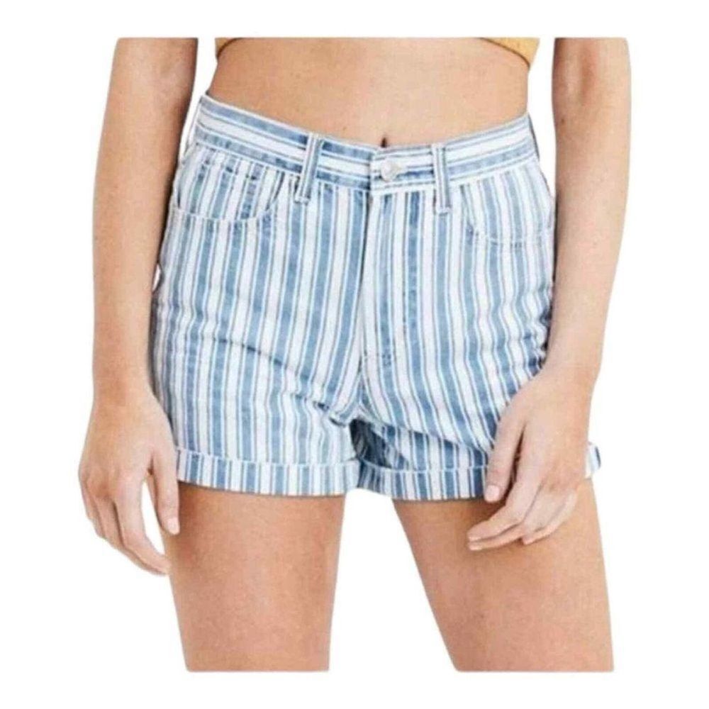 American Eagle Mom Shorts Womens 10 Blue White Striped High Waisted Cotton Denim